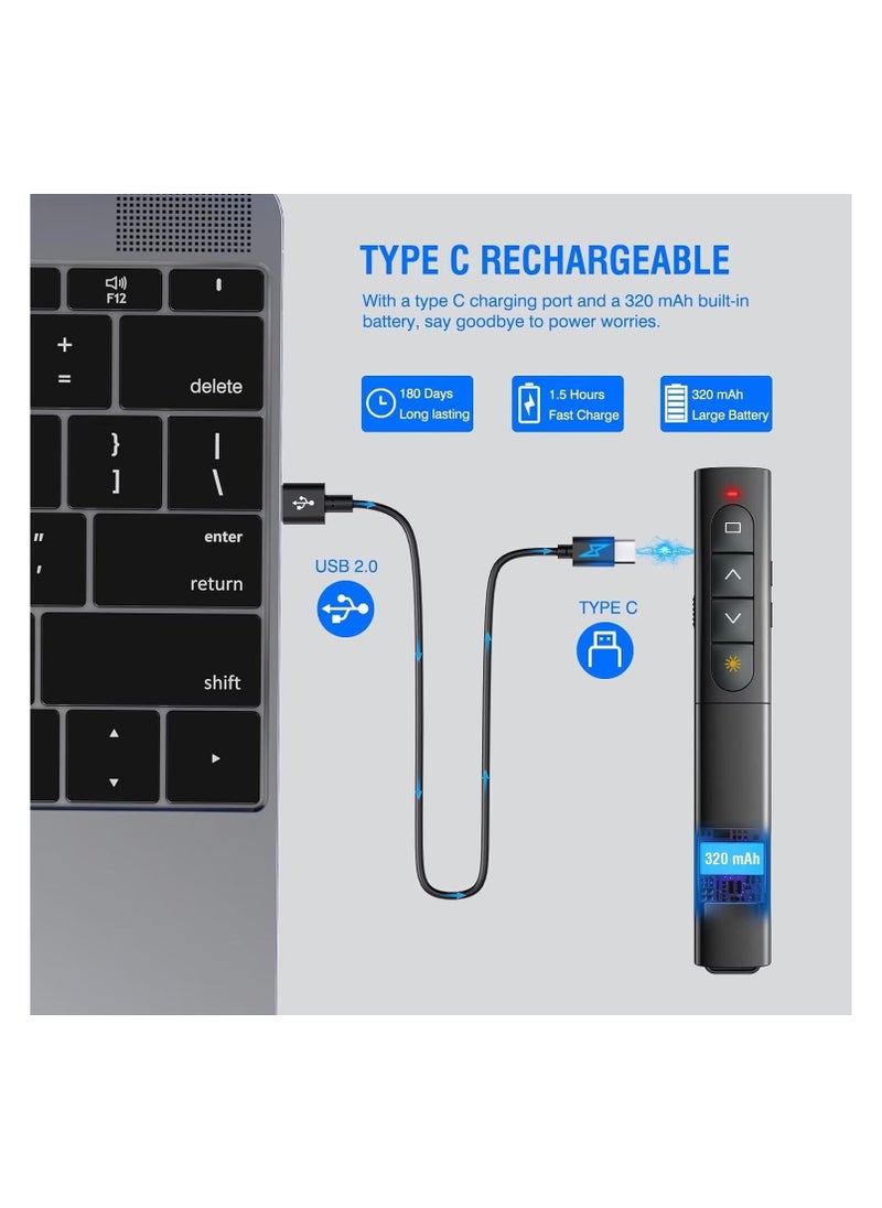 Presentation Clicker, Wireless Presenter, PPT Power Point Clicker, RF 2.4GHz USB Type C Presentation Remote Control Presentation Clicker for Keynote/PPT/Mac/PC (Black, Dual Port with Red LED)