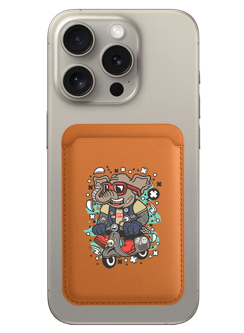 Theodor Magnetic Wallet, Compatible with MagSafe Wallet, for iPhone Wallet, for iPhone 16/15/14/13/12 Series, Not for iPhone 13/12 mini, 3 Card Holder, Vegan Leather, Brown - Elephant on bike - Image 1