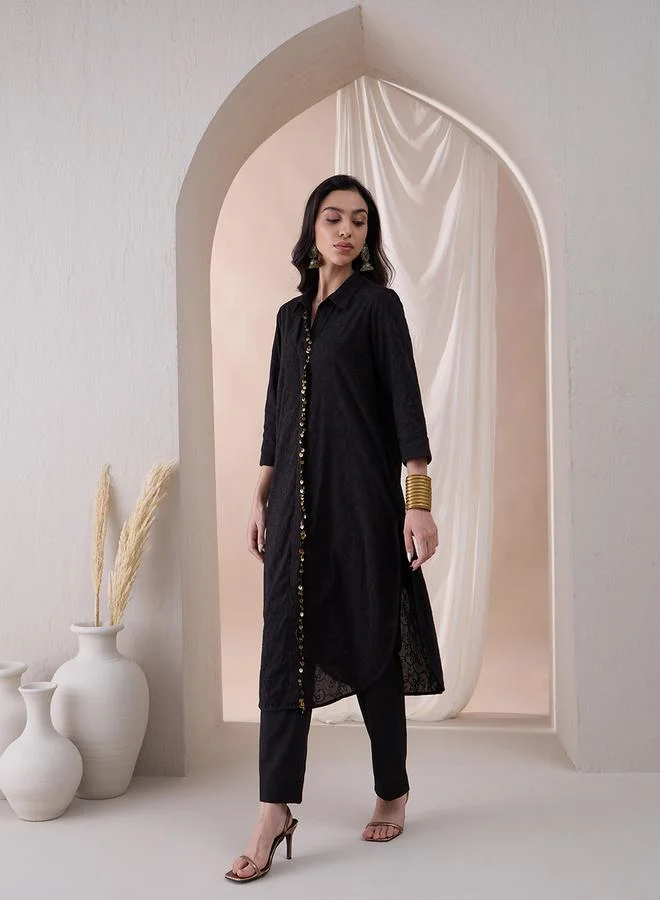 Femmella Femmella Embroidered Mandarin Collar Tunic with Straight Pant Co-Ords