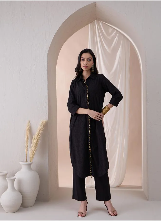 Femmella Embroidered Mandarin Collar Tunic with Straight Pant Co-Ords