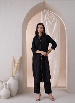 Femmella Embroidered Mandarin Collar Tunic with Straight Pant Co-Ords by Styli  - Image 1