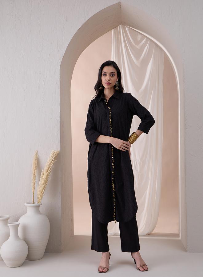 Femmella Femmella Embroidered Mandarin Collar Tunic with Straight Pant Co-Ords  - Image 1