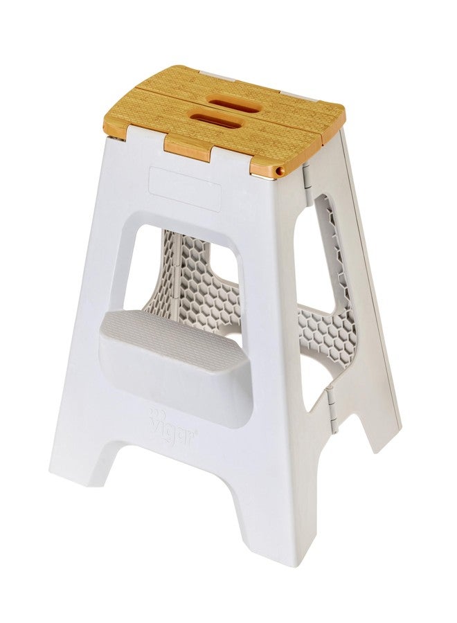 Vigar Compact Foldable Stool, Lightweight, Non-Slip Folding Step Stool (Grey, Bamboo on Top, 16-Inches, 2-Step Stool) - Image 1