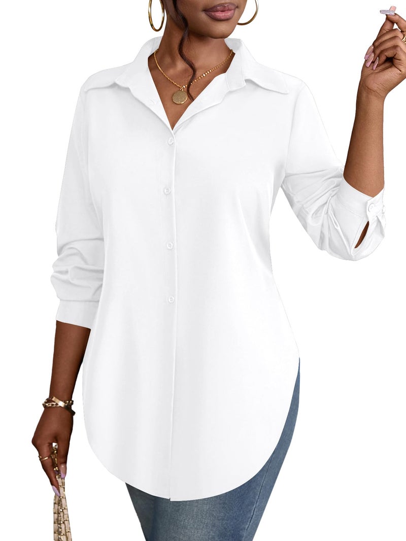 Rooscier Women's Collar V Neck Long Sleeve Slit Side Button Down Long Shirt Blouse Top Solid White Medium - Image 1
