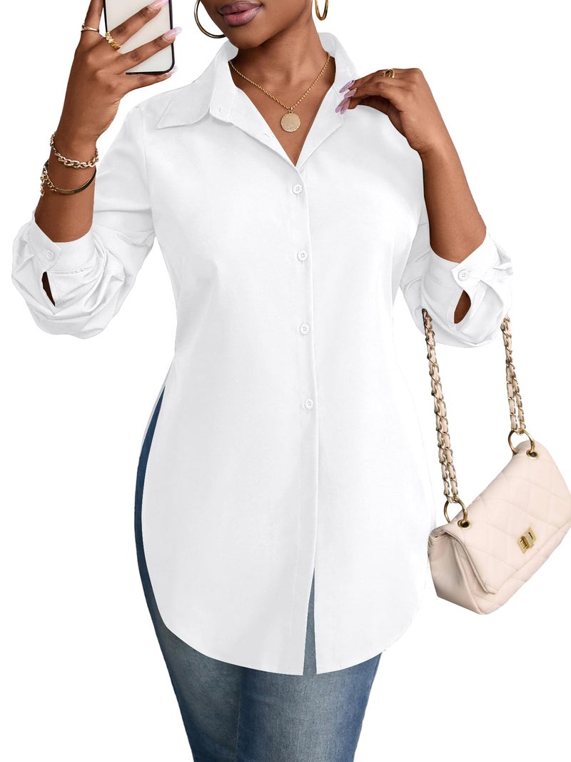 Rooscier Women's Collar V Neck Long Sleeve Slit Side Button Down Long Shirt Blouse Top Solid White Medium - Image 2