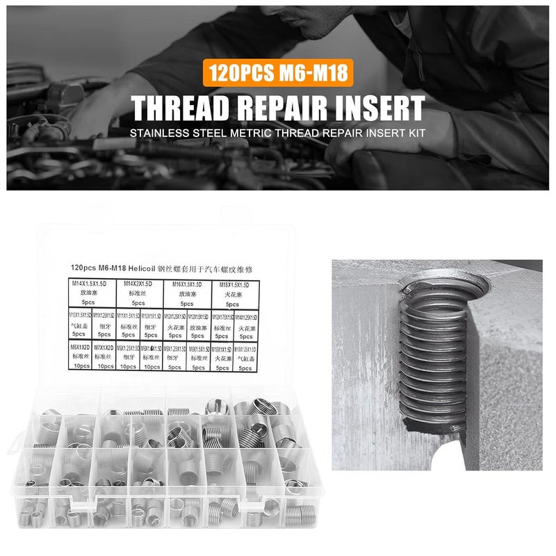 EVTSCAN 120 Pcs Stainless Steel Helical Threaded Inserts Kit, with M3 M4 M5 M6 M8 M10 M12 M14 M16 M18 Metric Wire Thread Inserts, Free Running Coil, for Repairing Damaged or Worn Out Threads - Image 4