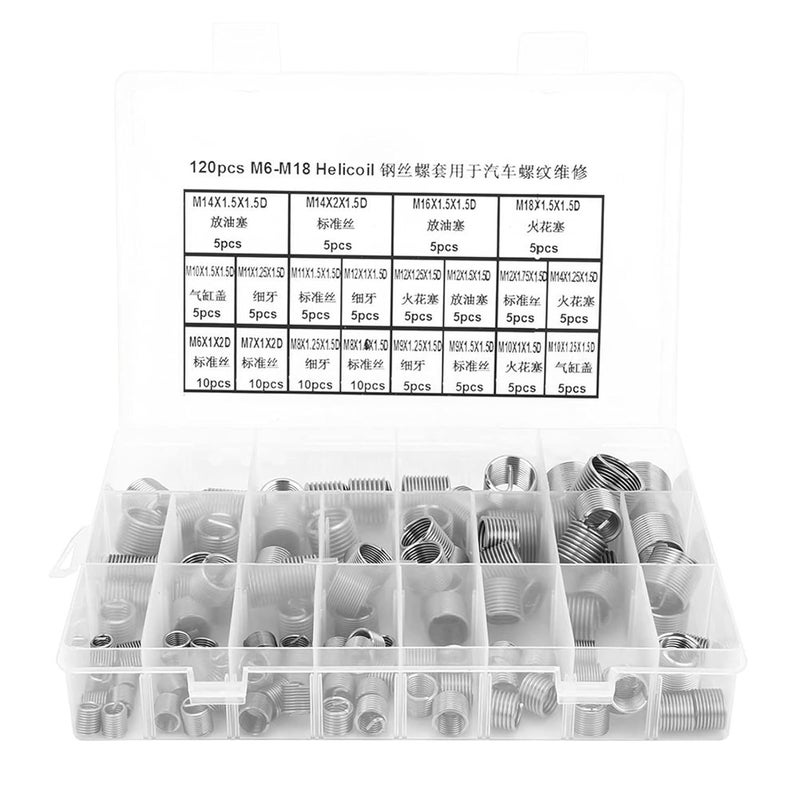 EVTSCAN 120 Pcs Stainless Steel Helical Threaded Inserts Kit, with M3 M4 M5 M6 M8 M10 M12 M14 M16 M18 Metric Wire Thread Inserts, Free Running Coil, for Repairing Damaged or Worn Out Threads - Image 1