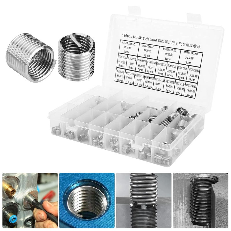 EVTSCAN 120 Pcs Stainless Steel Helical Threaded Inserts Kit, with M3 M4 M5 M6 M8 M10 M12 M14 M16 M18 Metric Wire Thread Inserts, Free Running Coil, for Repairing Damaged or Worn Out Threads - Image 5