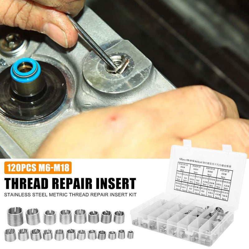 EVTSCAN 120 Pcs Stainless Steel Helical Threaded Inserts Kit, with M3 M4 M5 M6 M8 M10 M12 M14 M16 M18 Metric Wire Thread Inserts, Free Running Coil, for Repairing Damaged or Worn Out Threads - Image 3