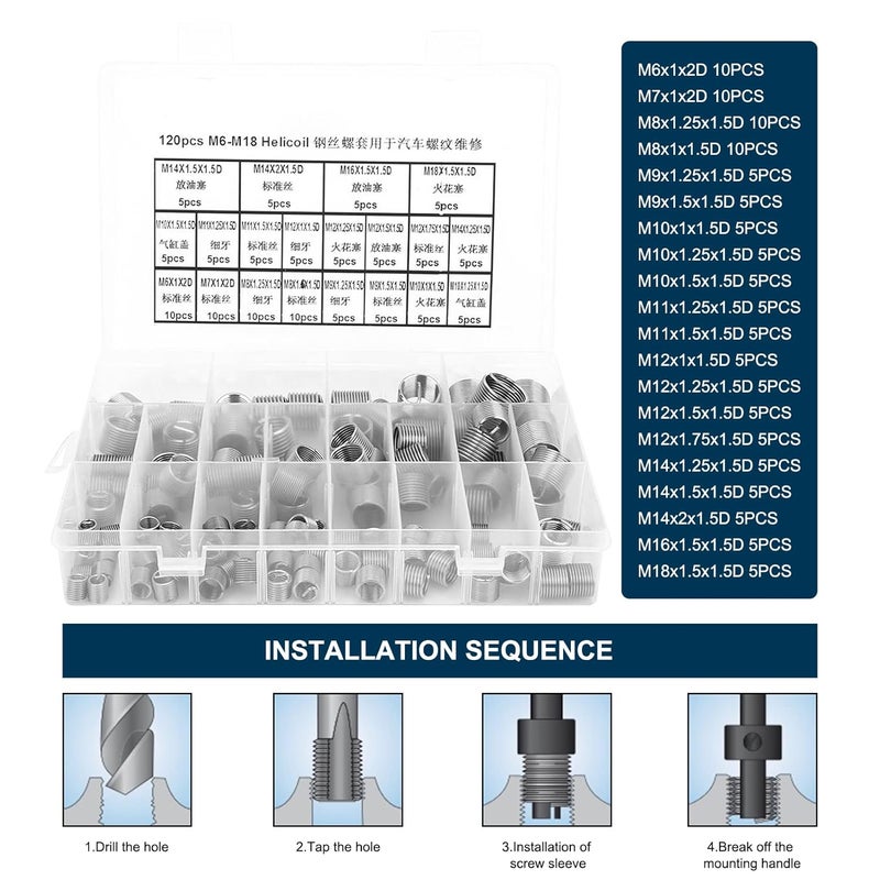 EVTSCAN 120 Pcs Stainless Steel Helical Threaded Inserts Kit, with M3 M4 M5 M6 M8 M10 M12 M14 M16 M18 Metric Wire Thread Inserts, Free Running Coil, for Repairing Damaged or Worn Out Threads - Image 2