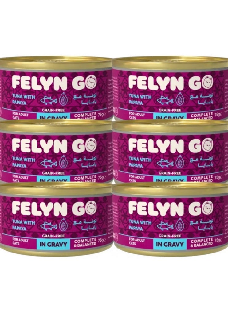Felyn GO Premium Tuna with Papaya Wet Food for Adult Cats in Gravy – Grain-Free, High-Protein, Complete & Balanced Nutrition – Tender Gravy Formula with Natural Fruit Benefits – 75g Cans (Pack of 6) - Image 1