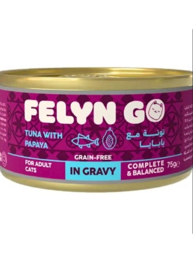 Felyn GO Premium Tuna with Papaya Wet Food for Adult Cats in Gravy – Grain-Free, High-Protein, Complete & Balanced Nutrition – Tender Gravy Formula with Natural Fruit Benefits – 75g Cans (Pack of 6) - Image 2
