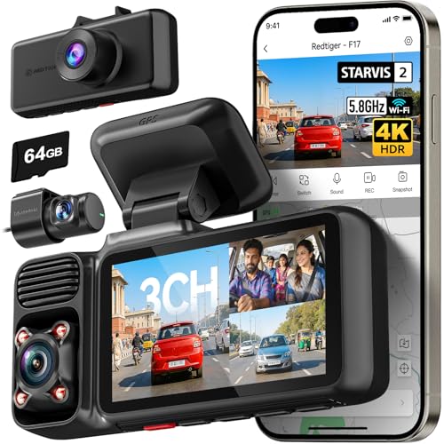 REDTIGER F17 2026 Edition 4K 3 Channel Dash Cam for Car, Upgraded STARVIS 2 IMX675 Sensor, 4K Front + 1080P Cabin + 1080P Rear, 5.8GHz WiFi + GPS, IR Night View, WDR, 64GB Card Included - Image 1