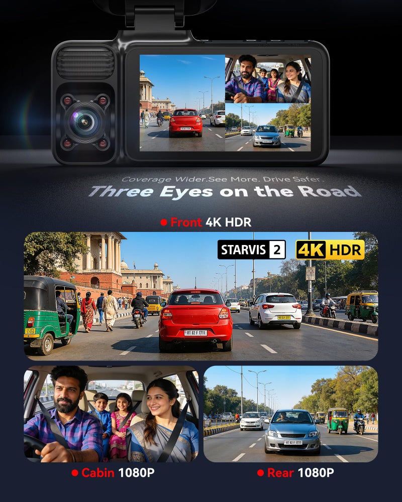 REDTIGER F17 2026 Edition 4K 3 Channel Dash Cam for Car, Upgraded STARVIS 2 IMX675 Sensor, 4K Front + 1080P Cabin + 1080P Rear, 5.8GHz WiFi + GPS, IR Night View, WDR, 64GB Card Included - Image 2
