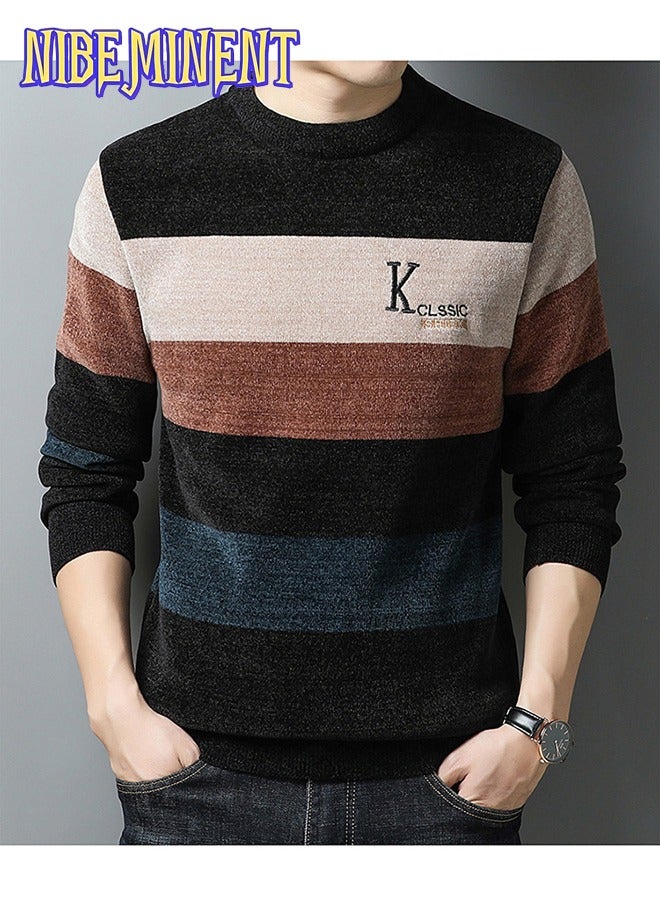 NIBEMINENT All Match Knitted Color Block Sweater, Men's Casual Warm High Stretch Crew Neck Pullover Sweater For Men Fall Winter  - Image 1