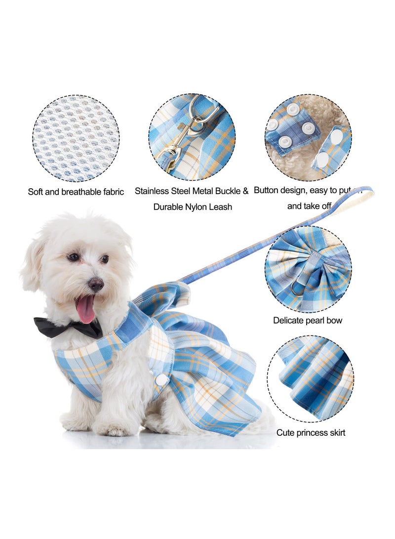 SOLARAE 4 Pcs Plaid Dog Dress Bow Tie Harness Leash Set Harness Dress for Small Dogs Cute Dog Pet Girl Puppy Summer Clothes for Female Summer Bunny Rabbit Clothes Yorkie Chihuahua Training Walking (S) - Image 2