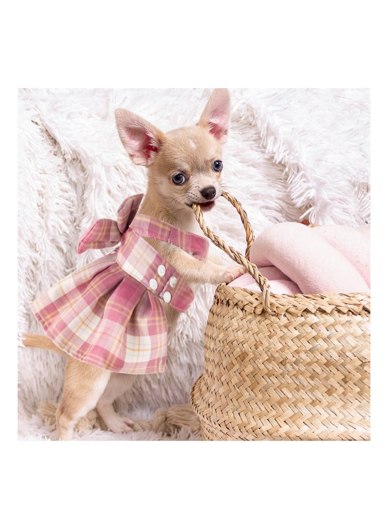 SOLARAE 4 Pcs Plaid Dog Dress Bow Tie Harness Leash Set Harness Dress for Small Dogs Cute Dog Pet Girl Puppy Summer Clothes for Female Summer Bunny Rabbit Clothes Yorkie Chihuahua Training Walking (S) - Image 3