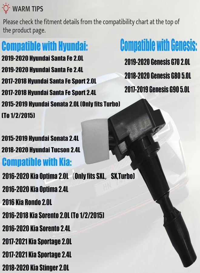 Autowxjq Ignition Coil Iridium Spark Plugs Set of 4pcs UF764 273002GGA0 Compatible with Hyundai Santa Fe Tucson Sonata Genesis Kia Optima Sorento Sportage Stinger 2.0L 2.4L - Image 2