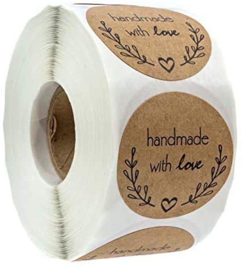 SBlabels Olive Branch Handmade with Love Stickers / 1.5" Round Brown Kraft Greenery Handmade with Love Canning Crafting Small Business Labels / 500 Homemade Project Decals/Made in The USA - Image 1