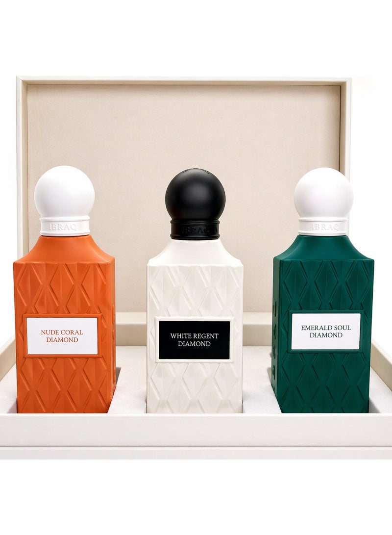 IBRAQ Diamond Collection Perfume Set 3x75ml – Luxury Unisex Gift Set (Nude Coral, White Regent, Emerald Grey) - Image 3