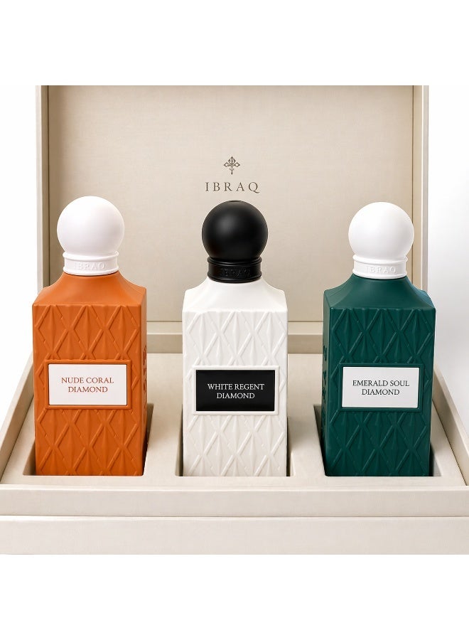 IBRAQ Diamond Collection Perfume Set 3x75ml – Luxury Unisex Gift Set (Nude Coral, White Regent, Emerald Grey) - Image 1