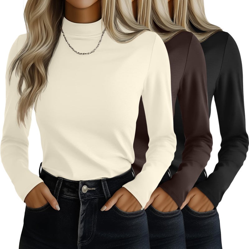 Ficerd 3 Pack Womens Mock Turtleneck Shirts Long Sleeve Mock Neck Pullover Tops Slim Fitted Stretch Undershirt Tee BlouseBlack Brown BeigeLarge - Image 2