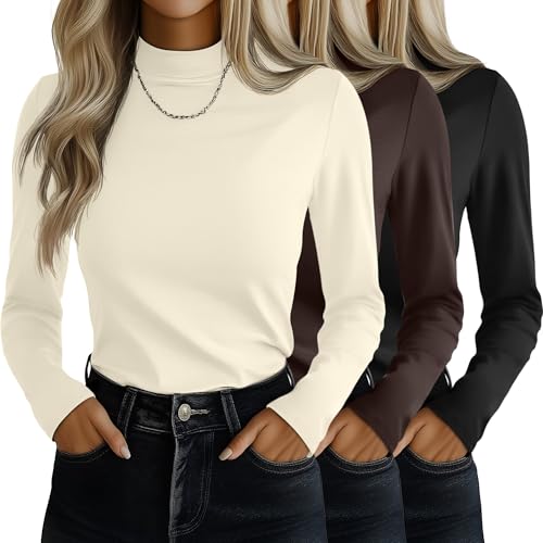 Ficerd 3 Pack Womens Mock Turtleneck Shirts Long Sleeve Mock Neck Pullover Tops Slim Fitted Stretch Undershirt Tee BlouseBlack Brown BeigeLarge - Image 1