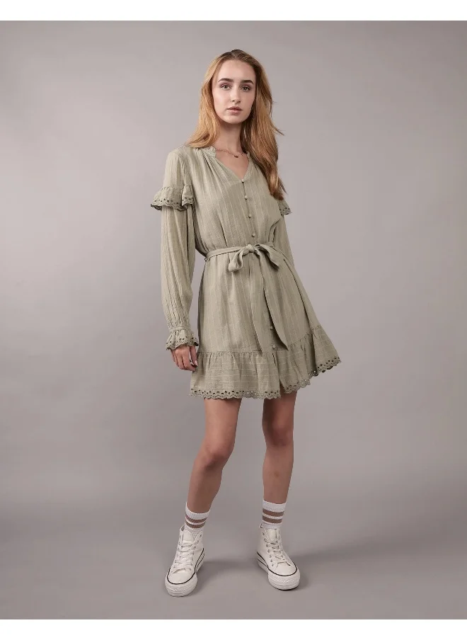 American Eagle AE Long-Sleeve Button-Up Ruffle Mini Dress