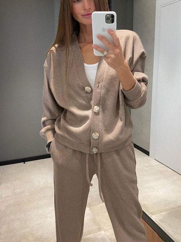 Cross-border New Autumn Fashion Knitted Cotton Womens Sports Jacket suit Simple Pants Pocket Elegant suit Blue - Image 2