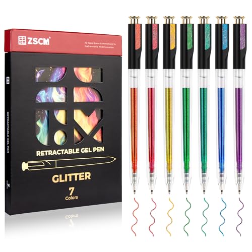 ZSCM Retractable Glitter Gel Pens, 7 Colors Large Capacity Sparkle Shimmer Gel Ink Pens for Adult Coloring, 1.0 mm Fine Point Smooth Writing Color Pen for Party Decor Note Taking Aesthetic Art Supplies - Image 1