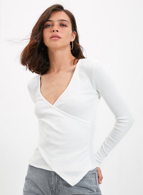 إكرو جاهزة/أكمام مزدوجة الصدر الرقبة طويلة الأكمام مضلع مرونة محبوك بلوزة TWOAW21BZ1274