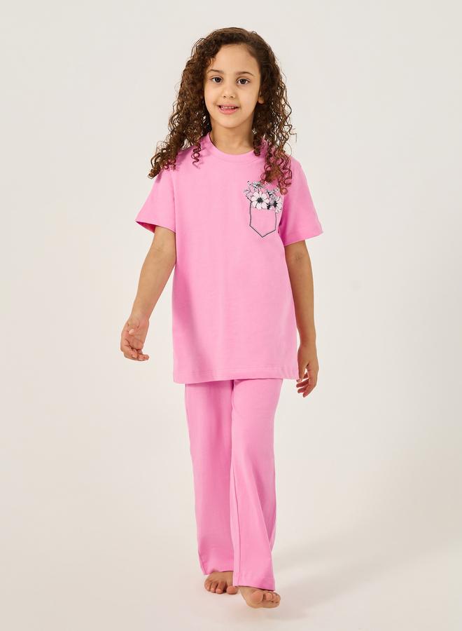Styli Floral Print Round Neck T-Shirt and Pyjama Set - Image 1