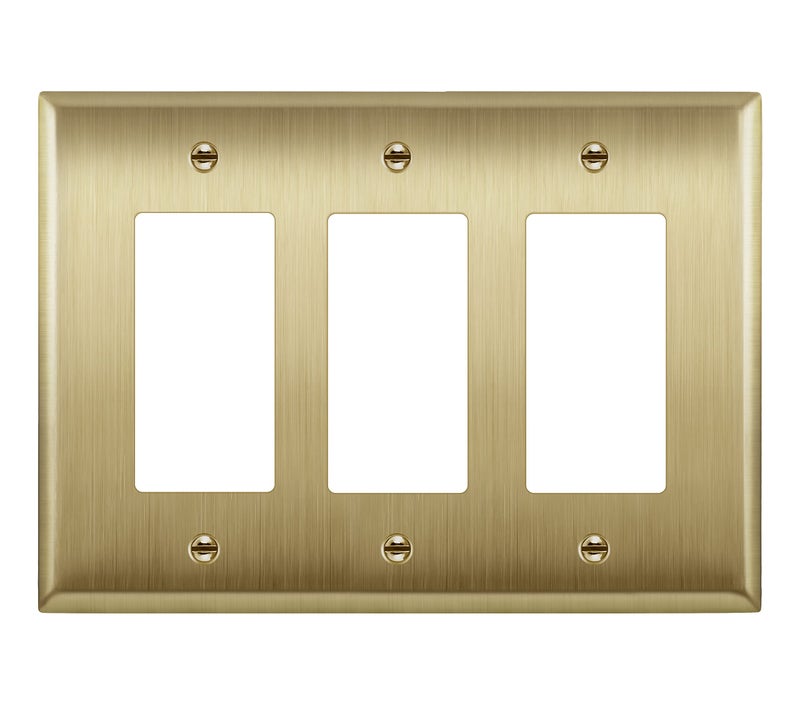 LIDER Decorator Switch or Receptacle Metal Wall Plate, Stainless Steel Outlet Cover, Corrosion Resistant, Mid-Size 3-Gang 4.88" x 6.77", 201 Stainless Steel, LMWP-33M-BB, Brushed Brass - Image 1
