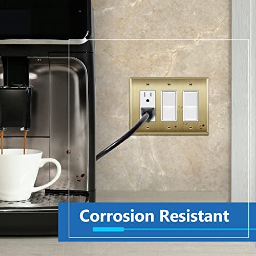 LIDER Decorator Switch or Receptacle Metal Wall Plate, Stainless Steel Outlet Cover, Corrosion Resistant, Mid-Size 3-Gang 4.88" x 6.77", 201 Stainless Steel, LMWP-33M-BB, Brushed Brass - Image 3