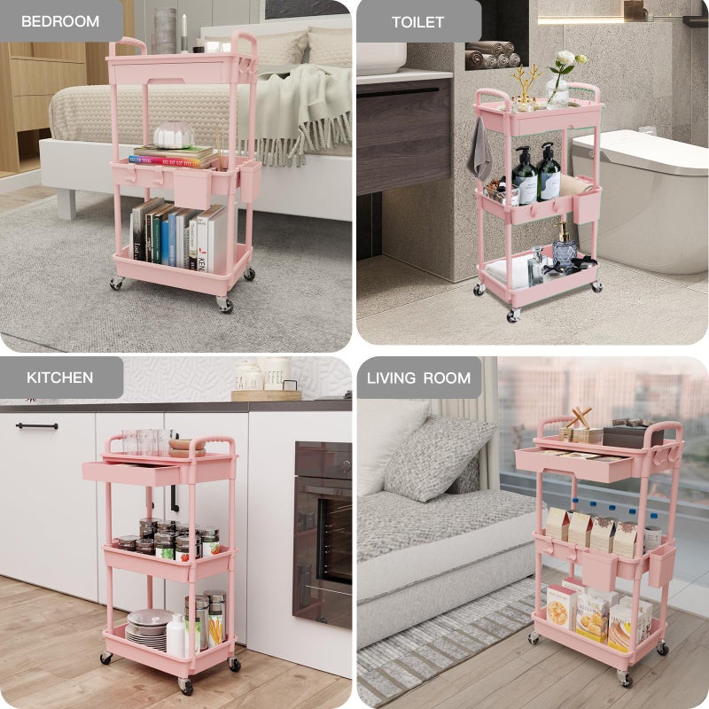 REBECAT 3 Tier Rolling Utility Cart with Drawer,Storage Cart,Rolling Cart for Kitchen,Bathroom,Living Room,Storage Organizer with Iron Wheelsï¼ˆPink - Image 5