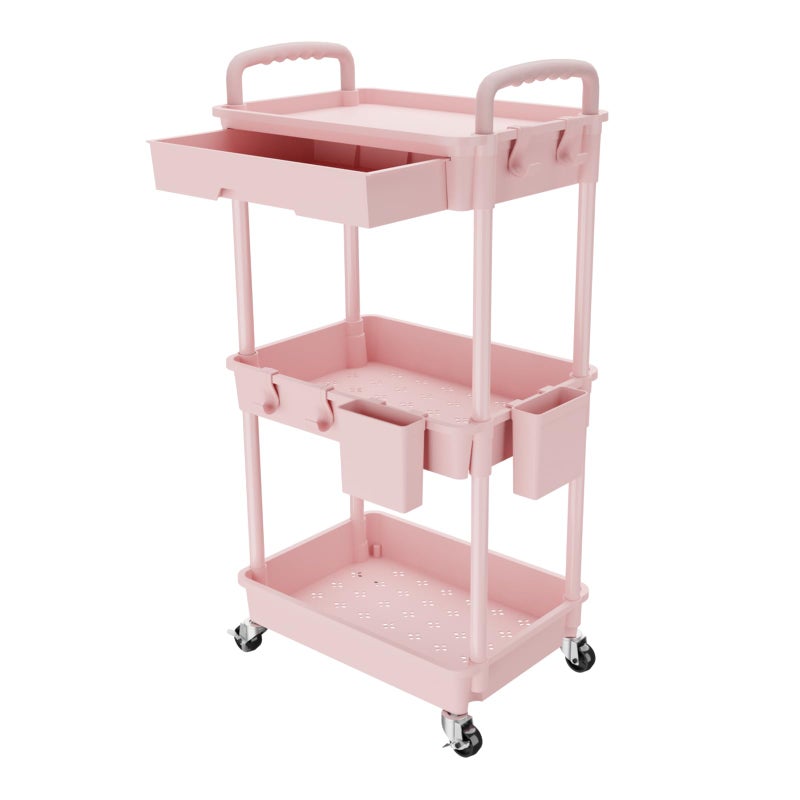 REBECAT 3 Tier Rolling Utility Cart with Drawer,Storage Cart,Rolling Cart for Kitchen,Bathroom,Living Room,Storage Organizer with Iron Wheelsï¼ˆPink - Image 1