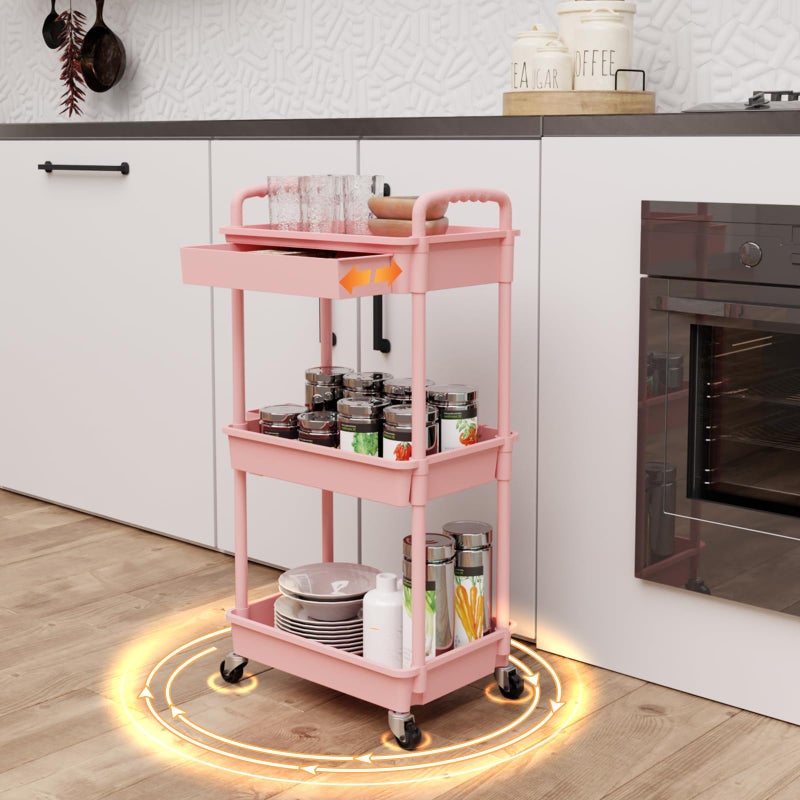 REBECAT 3 Tier Rolling Utility Cart with Drawer,Storage Cart,Rolling Cart for Kitchen,Bathroom,Living Room,Storage Organizer with Iron Wheelsï¼ˆPink - Image 3