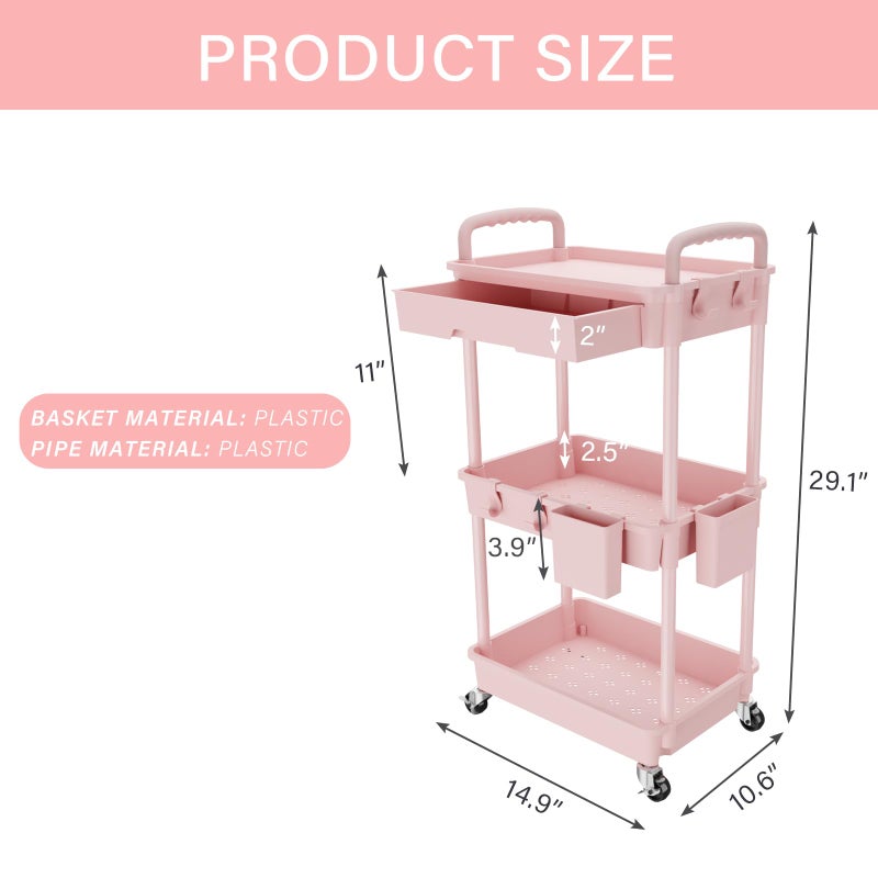 REBECAT 3 Tier Rolling Utility Cart with Drawer,Storage Cart,Rolling Cart for Kitchen,Bathroom,Living Room,Storage Organizer with Iron Wheelsï¼ˆPink - Image 2