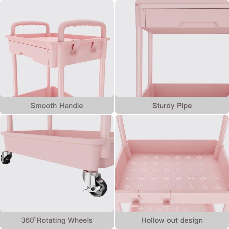REBECAT 3 Tier Rolling Utility Cart with Drawer,Storage Cart,Rolling Cart for Kitchen,Bathroom,Living Room,Storage Organizer with Iron Wheelsï¼ˆPink - Image 4