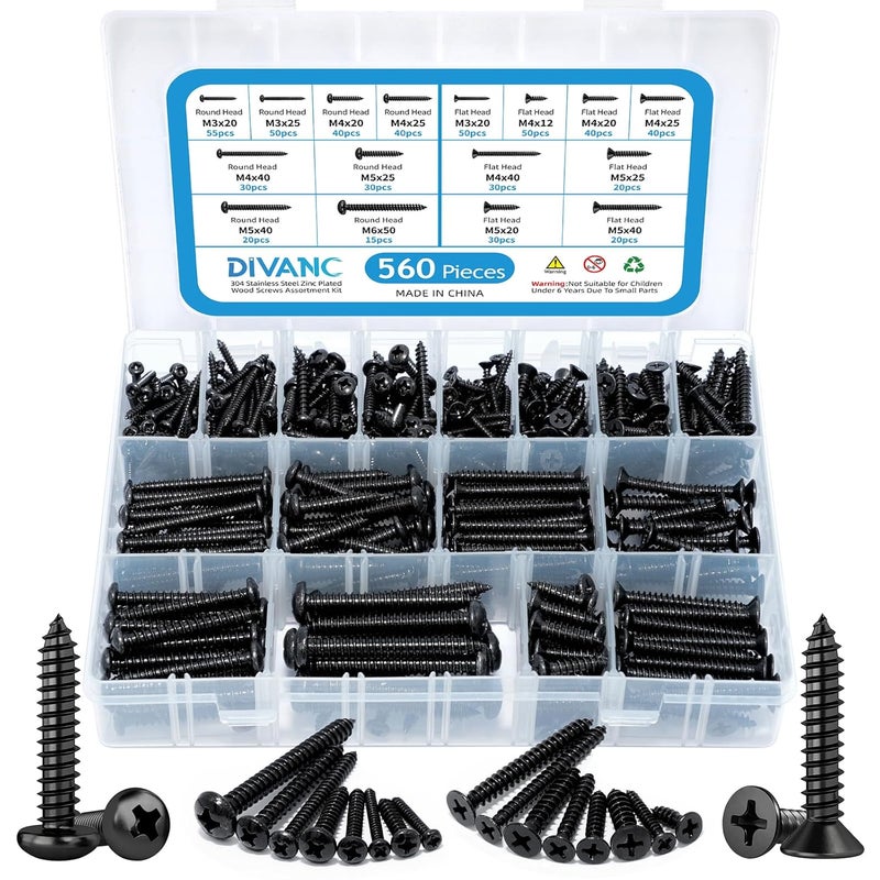 DIVANC 560Pcs 304 Stainless Steel Zinc Plated Self Tapping Screws Assortment Set, M3/M4/M5/M6 Flat Head & Round Head Self Tapping Screws Assortment Set, Phillips Drive Wood Screw Assortment Kit(Black) - Image 1