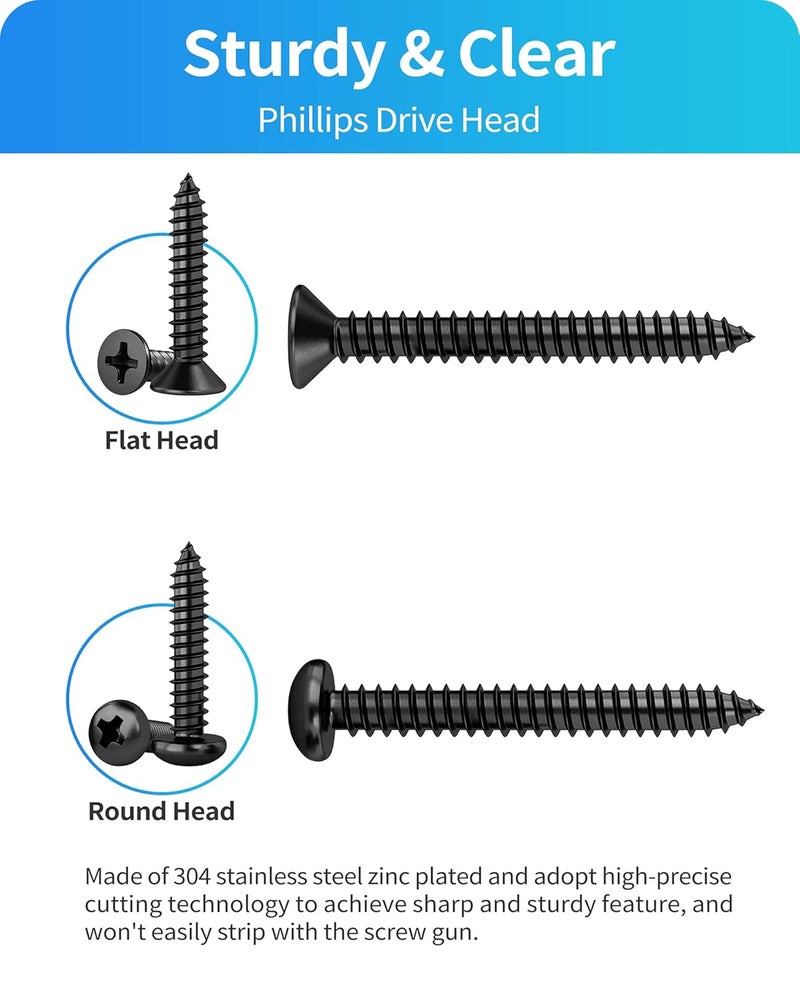 DIVANC 560Pcs 304 Stainless Steel Zinc Plated Self Tapping Screws Assortment Set, M3/M4/M5/M6 Flat Head & Round Head Self Tapping Screws Assortment Set, Phillips Drive Wood Screw Assortment Kit(Black) - Image 3