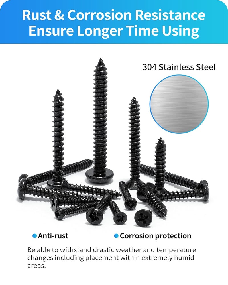 DIVANC 560Pcs 304 Stainless Steel Zinc Plated Self Tapping Screws Assortment Set, M3/M4/M5/M6 Flat Head & Round Head Self Tapping Screws Assortment Set, Phillips Drive Wood Screw Assortment Kit(Black) - Image 5