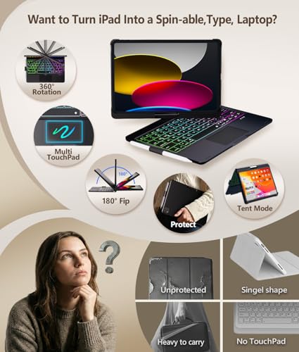 BABG for iPad 10th 11th A16 Case with KeyboardiPad Air 11M4M3M2360Swivel7 Use ModesRainbow Backlight Keyboard for iPad Pro 111st2nd3rd4th GeniPad Air 5thAir 4thBlack - Image 3