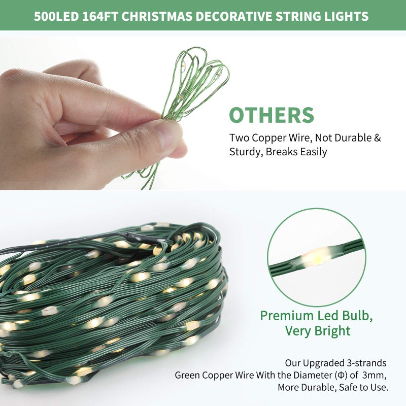 Tcamp 164FT 500 LED Christmas Lights, 8 Modes Christmas Tree Lights with Timer Memory Function, Green Wire Starry Fairy String Lights for Christmas Tree Halloween Outdoor Indoor Decor (Warm White) - Image 5