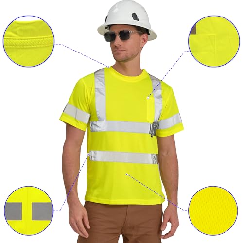 AYKRM hi viz Shirts for Men Hi Vis T Shirt ANSI Class 3 Lime Yellow High Visibility Reflective Safety Work Shirts (Yellow, XL) - Image 2