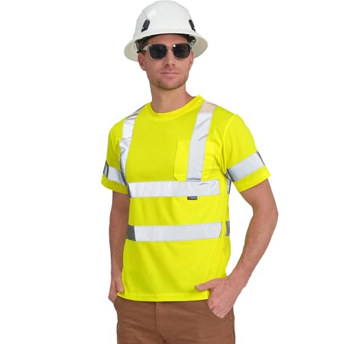 AYKRM hi viz Shirts for Men Hi Vis T Shirt ANSI Class 3 Lime Yellow High Visibility Reflective Safety Work Shirts (Yellow, XL) - Image 1