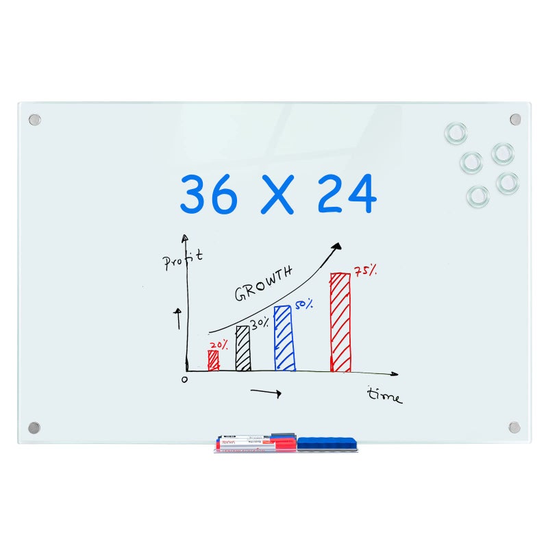 maxtek Magnetic Glass Dry Erase White Board 36 x 24 Inches Glass Board for Wall Mounted Includes 6 Magnets 3 Markers and 1 Eraser for Classroom Home Office Supplies White