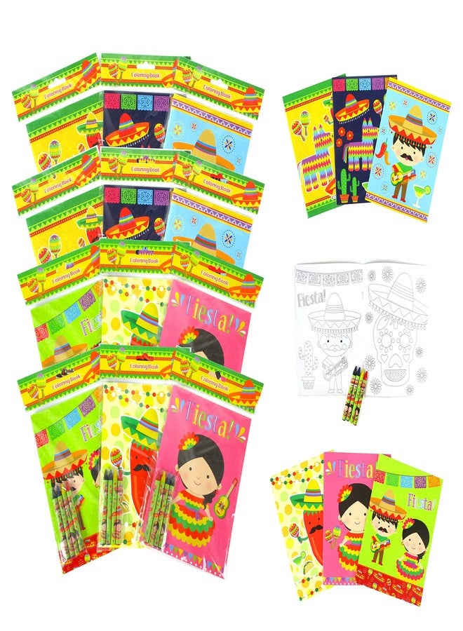TINYMILLS Mexican Fiesta Coloring Book Set for Kids Party Favors with 12 Coloring Books and 48 Crayons Fiesta Party Favor Bag Filler Spanish Classroom Rewards Cinco de Mayo Party Favors - Image 1