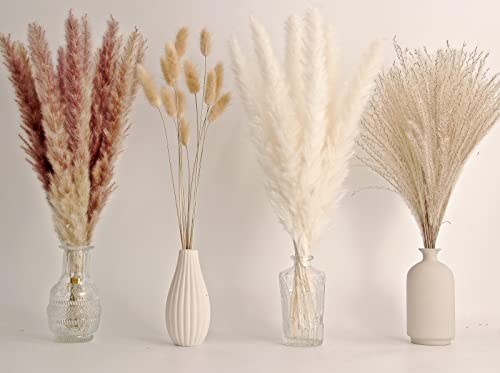 65PCS Pampas Grass Decor Including pompas Floral Reed Dried Grass and Bunny Tails Dried Flowers Natural Dried Pampas Grass Bouquet for Boho Decor Wedding Home Decoration