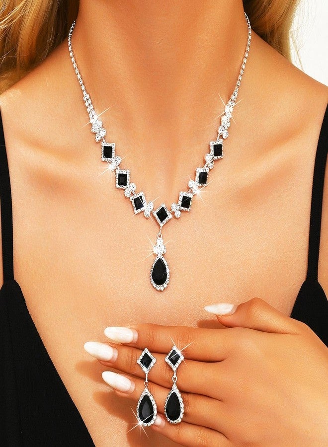 ايفينت طقم مجوهرات زفاف مرصع بأحجار الراين من إيرنت، قلادة وأقراط مرصعة بالألماس الأسود للنساء (أسود) - Image 3